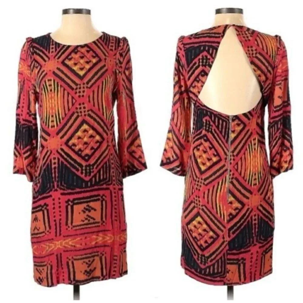 Sandro Geometric Patterned cut out 100% viscose Dress in Red and Black, S